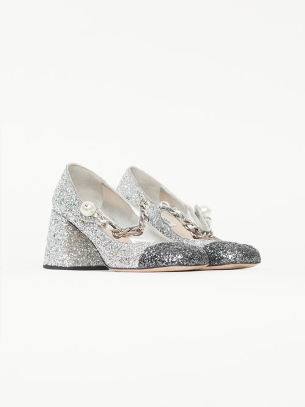 New in Box Miu Miu Silver Glitter Pearl Mary Jane Heel Calzature Donna size 34.5